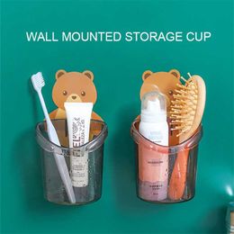 Bear Wall Mounted Toothbrush Holder Cup Punch Free Storage Rack Bathroom Supplies Organiser Bathroom Accessories 211130