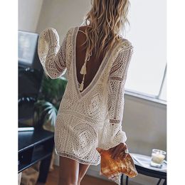 Summer Women Beach White Lace Boho Mini Long Sleeve Sexy Backless Dress 210415