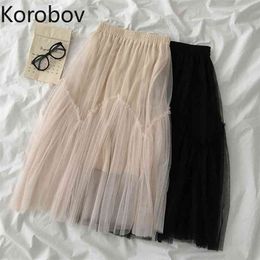 Korobov New Arrival Sweet Mesh Skirts Preppy Style Korean Autumn Chic Faldas Mujer Vintage Kawaii Female Skirt 210430