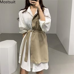 Fake Two Pieces Color-blocked Stylish Women Dress With Belt Spring Full Sleeve Turn-down Collar Shirt Dresses Vestidos 210513