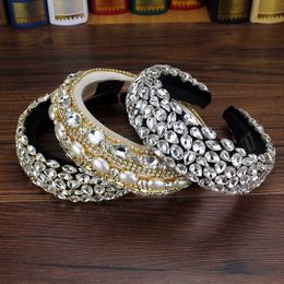 Wide Gold Silver Colour Full Crystal Padded Headband Rhinestone Pearl Baroque Hairband For Trendy Women Diamante Hair Accessories X0625