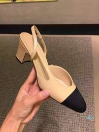 Wholesale- Calfskin Women Catwalk Kitten Heels Pumps Slingbacks Sandals Mules Flats Beige Grey Dress Single Shoes