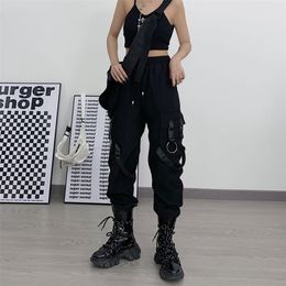 QWEEK Techwear Gothic Black Cargo Pants Women Punk Streetwear Hip Hop Joggers Harajuku High Waist Ribbon Loose Female Trousers 211105