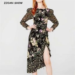 Spring Women Ruched Asymmetrical Hem Floral Print Tie Bow Backless Long sleeve Dress Vintage Dresses Femme Vestidos 210429