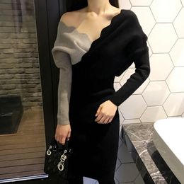 Women Slim Knitted Dress Autumn Winter Stitching Hit Color Sexy Cross V-Neck Long Batwing Sleeve Wrap Sweater Dress 210514