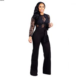 Women's Jumpsuits & Rompers Women Long Sleeve Lace See Though Patchwork Staight Leggings Party High Waist Playsuit 3018
