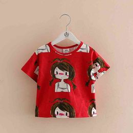 Summer European American Style 2 3 4 6 8 10 Years Kids Red Cartoon Girls Print Cotton O-Neck Short Sleeve Baby T-Shirt Girl 210529