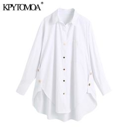 Women Fashion With Side Buttons Loose Asymmetrical Blouses Long Sleeve Pockets Female Shirts Chic Tops 210420