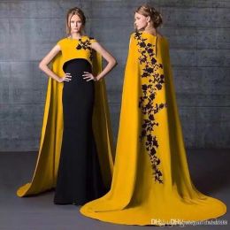 New Fashion Dubai Arabic Evening Dresses With Cape Satin Black Applique Floor Length Formal Dress Evening Gowns Prom Dress Vestidos robe CG001