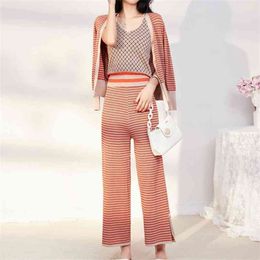 Autumn 3 Piece set Women's Fashion Knitted Long Sleeve Sweater Coat + Sexy Vest High Waist Wide Leg Pants Outfits Female 210519