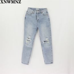 Za Vintage mom jeans high waisted woman ripped boyfriend for women korean style distressed blue denim pants 210809