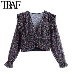 Women Fashion Floral Print Ruffled Cropped Chiffon Blouses Vintage Long Sleeve Elastic Hem Female Shirts Chic Tops 210507