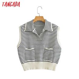 Tangada Women Fashion Striped Crop Knitted Sweater Jumper Summer Female Pullovers Chic Tops AI43 210609