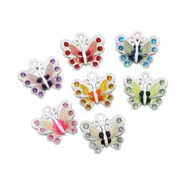 Silver Plated Enamel Butterfly Rhinestone Crystal Charm Beads 7Colors Pendants Jewellery Findings & Components L1559 56pcs/lot