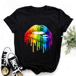 Streetwear Female Black T-Shirt Rainbow Lip And Butterfly Print Harajuku Women Summer Women's T-Shirt Tops Y0629