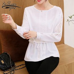 Causal Hollow Out Ladies Shirts Long Sleeve O-neck Women Tops Autumn Fashion Chiffon White Blouses 6336 50 210508