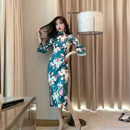Spring Autumn Women's Dress Retro Chinese Style Printed Split Slim and Thin Improved Cheongsam female es LL194 210506