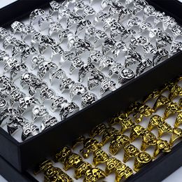 Lot Skull Rings Carved Biker Men Silver/Gold Plated Alloy Ring Fashion Jewellery 50 Pcs/Lot