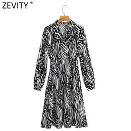 Women Vintage Turn Down Collar Abstract Print Elastic Waist Kneeth Shirt Dress Female Chic Long Sleeve Vestido DS4679 210420