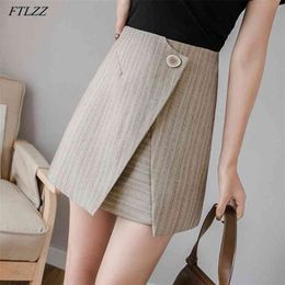 Women High Waist Asymmetrical Striped Single Button Mini Skirt Spring Summer Slim Female Streetwear Short Skirts 210430