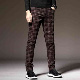 Men's Plaid Pants Dress Classic Formal Slim Fit Casual Autumn Cotton Stretch Black Work Office Youth Fashion Trousers Male 210406