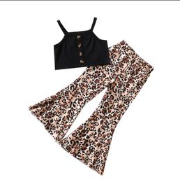 Suspender Top + leopard flared pants two-piece baby girls clothes set children fashion clothing