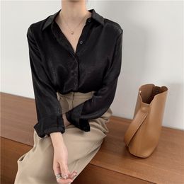 Retro Black Sweet Solid OL Women Autumn Chic Loose Elegance Vintage Office Lady Female Brief All Match Shirts 210421