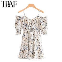 TRAF Women Chic Fashion Floral Print Hollow Out Mini Dress Vintage Backless Bow Tied Zipper Female Dresses Vestidos 210415