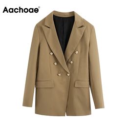 Aachoae Casual Brown Blazer Women Outerwear Double Breasted Fashion Lady Blazer Suit Long Sleeve Office Wear Coat Femme Veste 210413