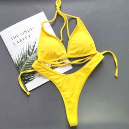 Tanboby Brazilian Swimming Suits High Cut Micro Beach Biquinis Swim Suits 2 Piece Bandage Swim Top+Yellow Thong Bikinis 2021 X0522