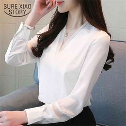 autumn fashion women blouse long sleeve top chiffon V collar white black female OL style slim fit 0923 40 210506