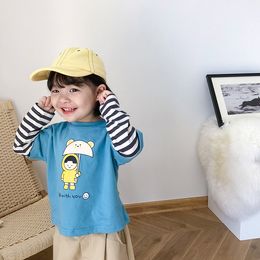 Early autumn kids children cute cartoon patchwork base T shirts Boys and girls casual long-sleeved Tops 210508