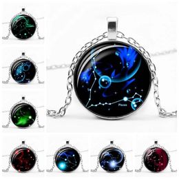 Fashion Pendant Silver Colour Creative Night Sky Starry Twelve Constellations Round Glass Necklace Jewellery Gift