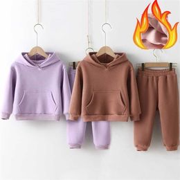 Children Clothes Kids Suit Warm Sweater Girl Fleece Hoodies Pullover Sweatshirt Pant Winter Autumn Boy Tracksuit Sportswear 211025