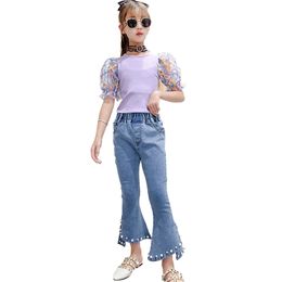 Kids Clothes Girls Tshirt + Jeans Appliques Tracksuit Summer Children's 6 8 10 12 14 210527