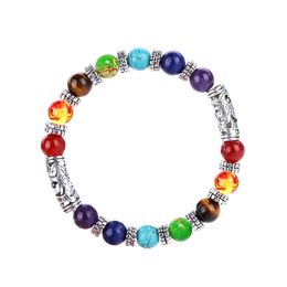 8mm Round Bead Stone Buddhist Tibetan Silver Yoga Seven Pulse Wheel Bracelet Fashion Jewellery