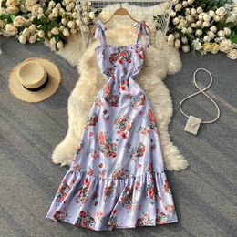 SINGREIN Women Ruffle Strap Dress Korean Sleeveless Off Shoulder A-line Party Dress Summer Boho Floral Vacation Beach Long Dress 210419