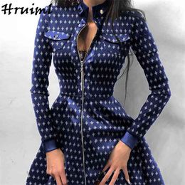 Vintage Dress Women Fashion Print Long Sleeve Stand Collar Female Mini Autumn Sexy Zipper Party Vestidos 210513