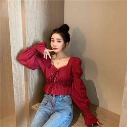 Spring Autumn Women's Shirt Korean Pure Colour Square Collar Lantern Sleeve Blouse Thin High Waist Short Tops LL703 210506