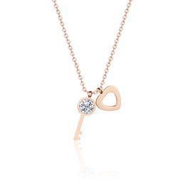 Rose Gold Plated Stainless Steel Heart and Key Pendant Necklace for Women Gift