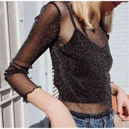 Spring Black Blouse Shirt Women Tops Net Yarn Long Sleeve s Feminina Transparent Sexy Chemise Femme Blusas 210517