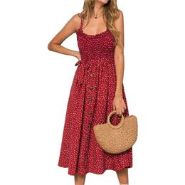 Summer Dress Women Sling Ruffle Fashion Wave Dot Print Red Long Bow Belt Beach Irregular Dresses Vestido Feminino LR971 210531