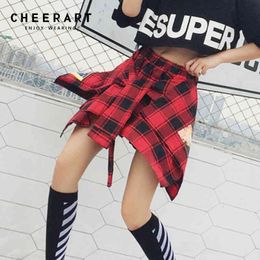 Asymmetrical Dance Buffalo Plaid Skirt Women Punk Rock Tie Summer Irregular Mini Streetwear 210427