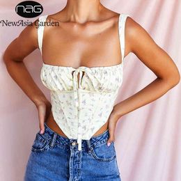 NewAsia Floral Corset Women Sweet Print Hollow Up Tie Up Sexy Crop Top Summer Sleeveless Ruched Boning Bustier Casual Tank Top 210413