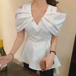 Women Summer White Elegant Patry Off Shoulder Ruffles Backlong V-neck Short Sleeve Loose Shirt Fashion 16F1309 210510