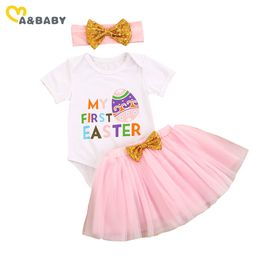 0-24M Easter Baby Girl Clothes Set Letter Egg Print Romper Tutu Skirts Outfits Summer Costumes 210515