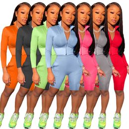 Women Long Sleeve Tracksuits Two Piece Set Solid Colour Zipper Jacket Shorts Outfits With Pocket Ladies Summer And Autumn Sportwear 0721
