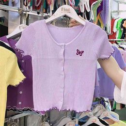 Women's Knit Short-sleeved T-shirt Outside Summer Korean Short Butterfly Wild Slim Thin Tees Female GD362 210506