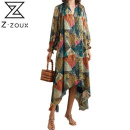 Women Dress V Neck Long Sleeve Printed Bohemia es Sexy Maxi Loose Asymmetrical Hem Vintage es 210513