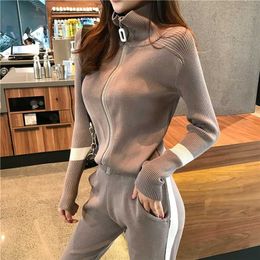 Women 's Knitting Tracksuits Turtleneck Zipper Knit Jacket Coat and Pocket Pencil Pants Set Sweater Two Piece Sets for Woman 211126